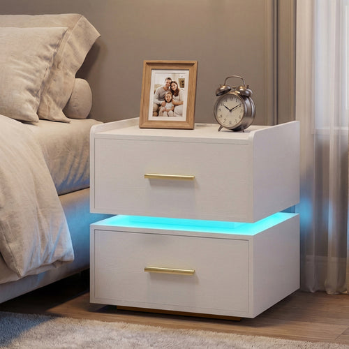 LED Nightstand With Charging Station, 2 Storage Drawers, White