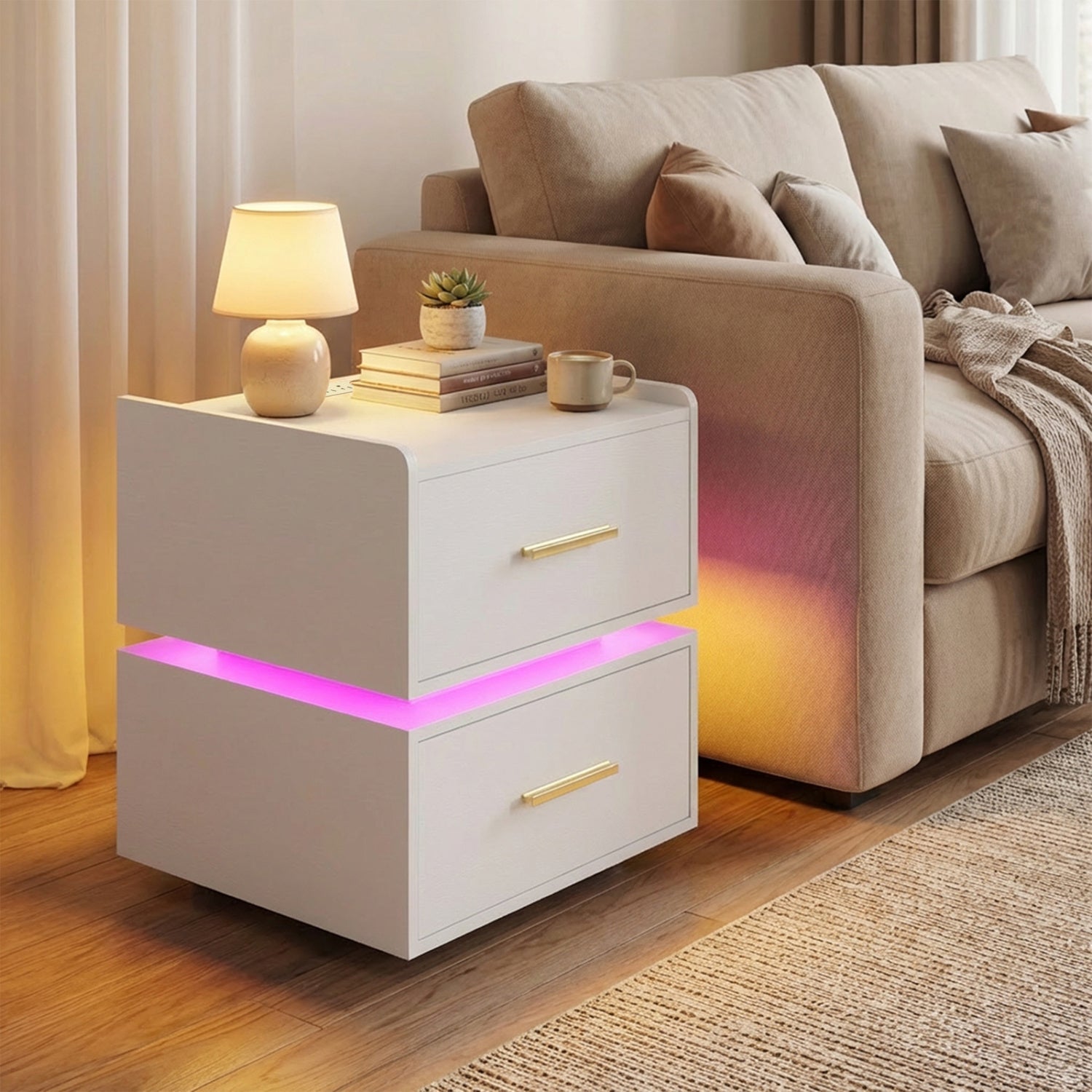 LED Nightstand With Charging Station, 2 Storage Drawers, White Nightstands at Gallery Canada