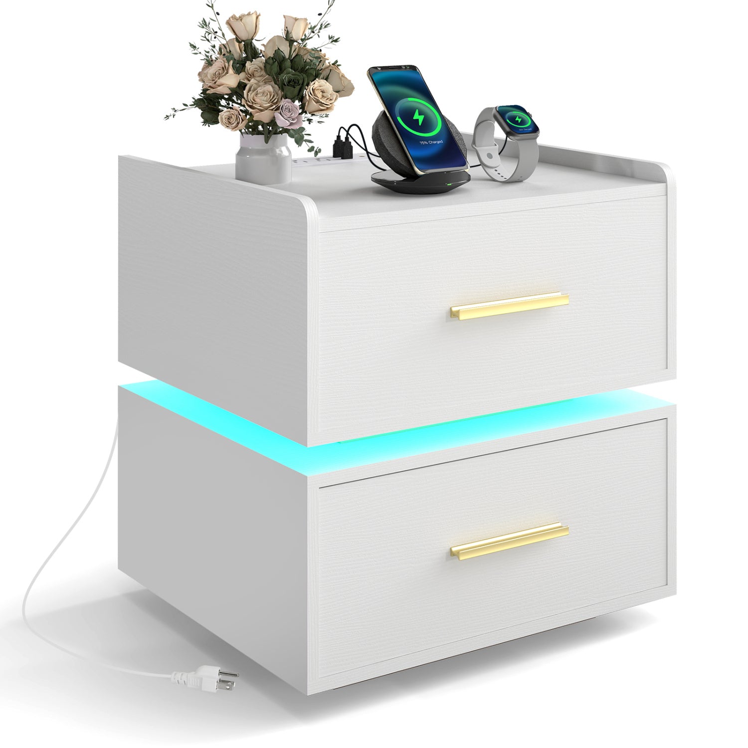 LED Nightstand With Charging Station, 2 Storage Drawers, White Nightstands White at Gallery Canada