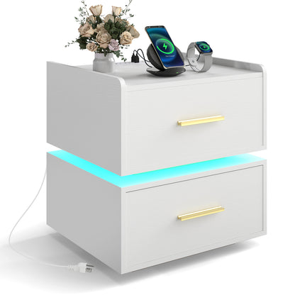 LED Nightstand With Charging Station, 2 Storage Drawers, White Nightstands White at Gallery Canada