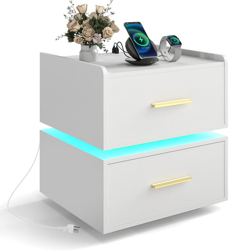 LED Nightstand With Charging Station, 2 Storage Drawers, White