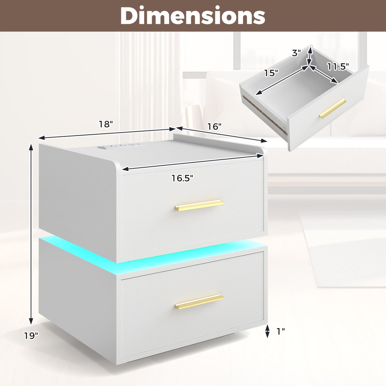 LED Nightstand With Charging Station, 2 Storage Drawers, White Nightstands at Gallery Canada