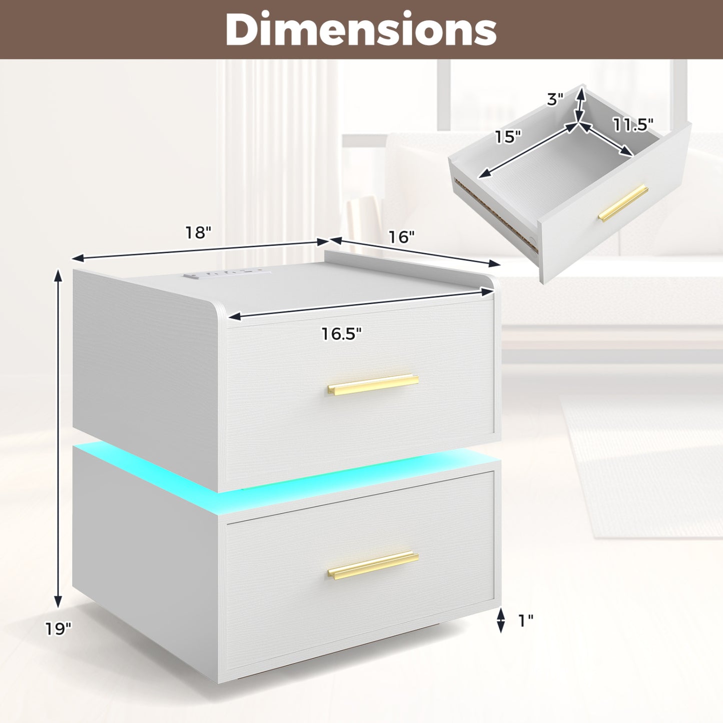 LED Nightstand With Charging Station, 2 Storage Drawers, White Nightstands at Gallery Canada