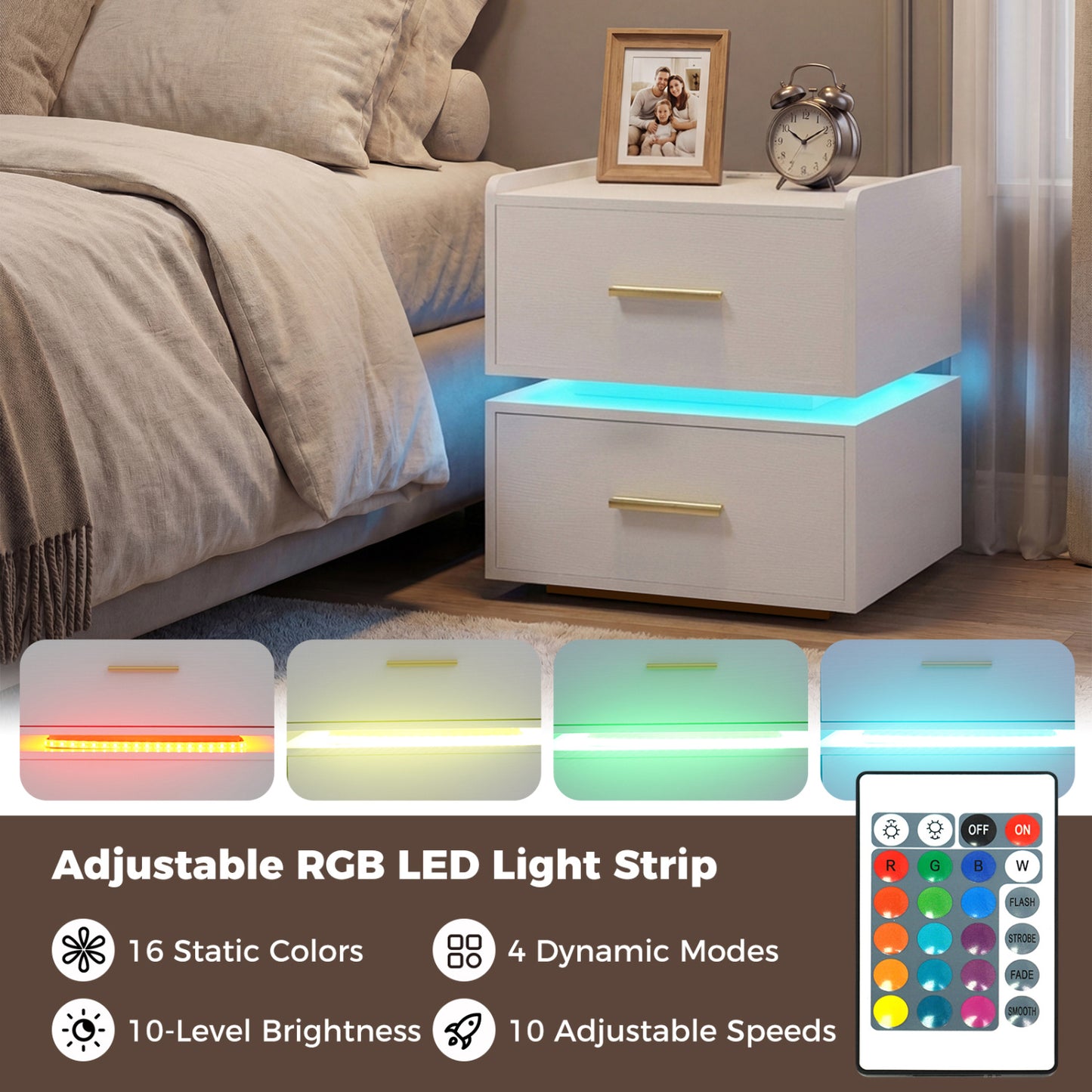 LED Nightstand With Charging Station, 2 Storage Drawers, White Nightstands at Gallery Canada