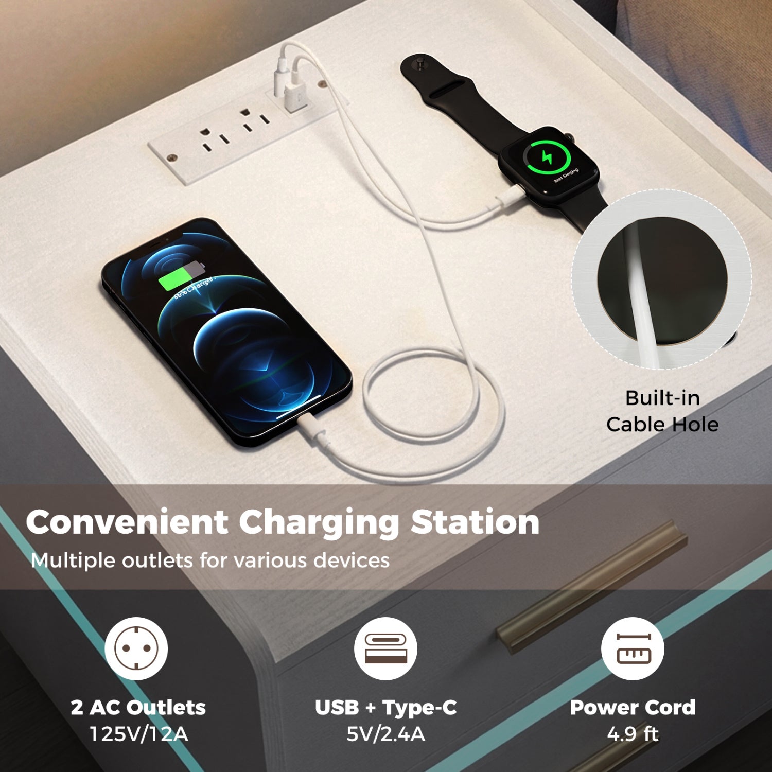 LED Nightstand With Charging Station, 2 Storage Drawers, White Nightstands at Gallery Canada