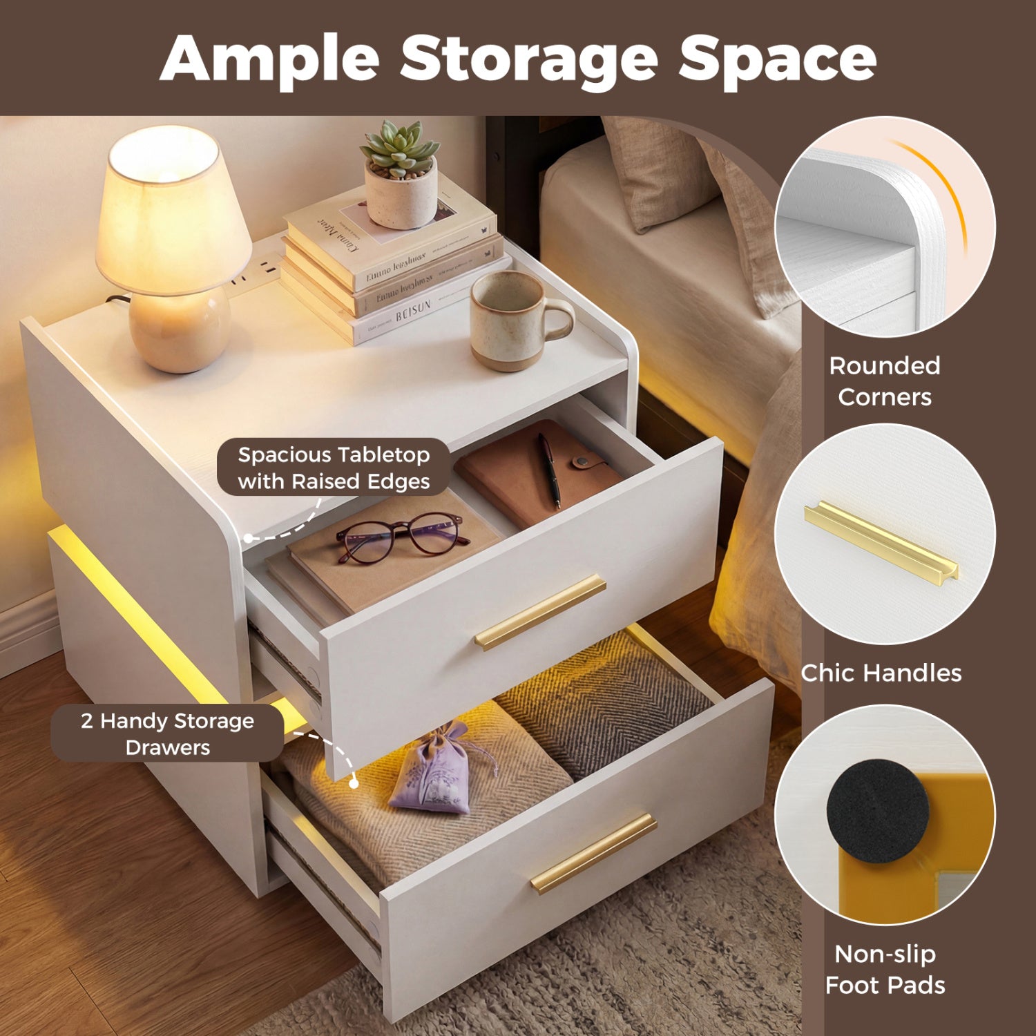 LED Nightstand With Charging Station, 2 Storage Drawers, White Nightstands at Gallery Canada