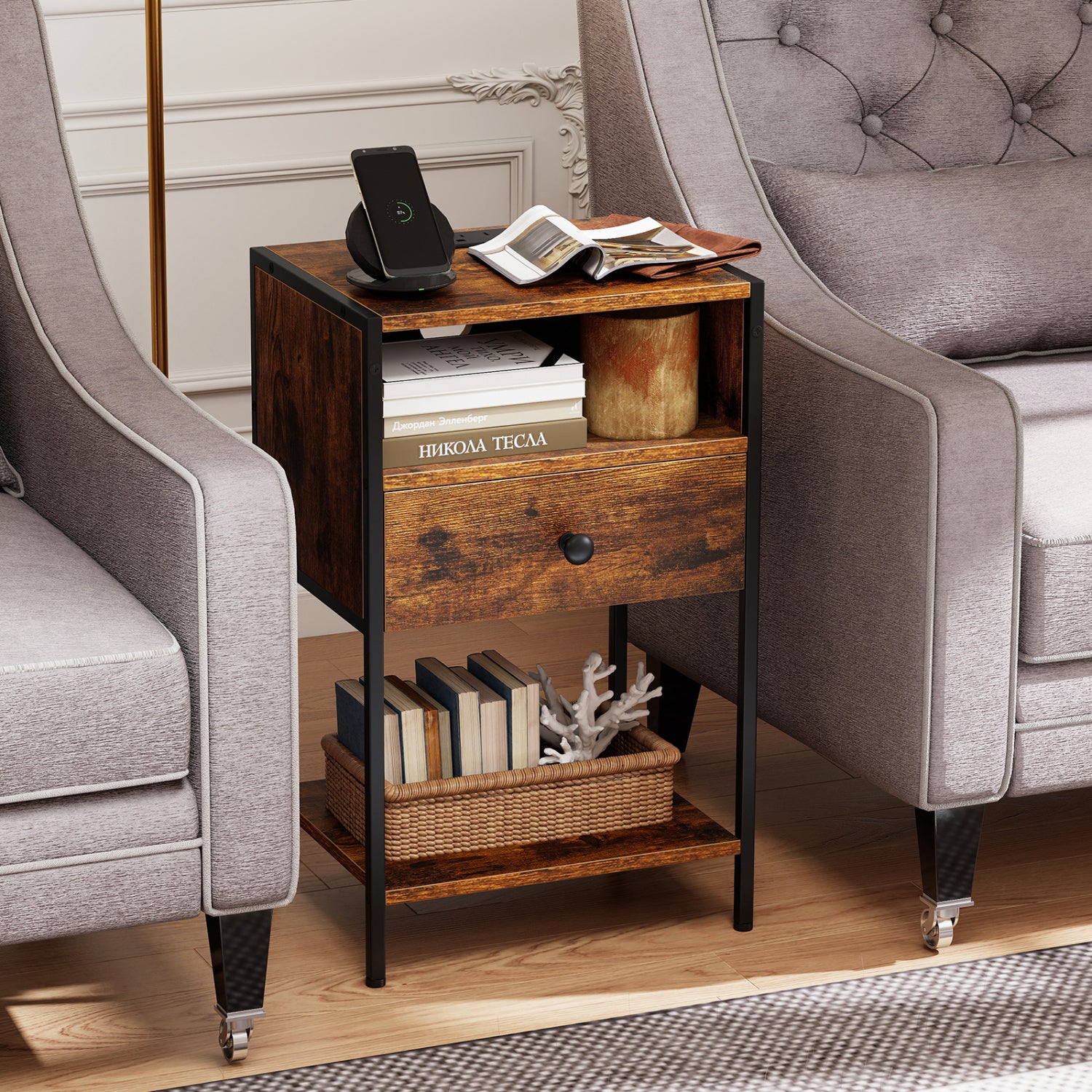 Nightstand With Charging Station, USB Ports And Outlets, Brown Nightstands at Gallery Canada
