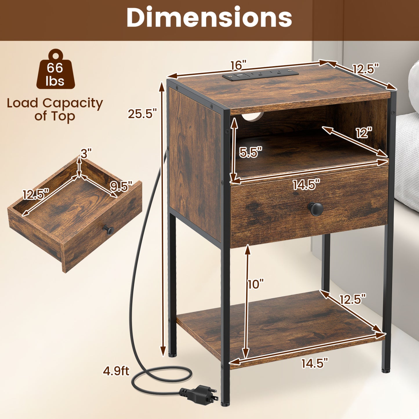 Nightstand With Charging Station, USB Ports And Outlets, Brown Nightstands at Gallery Canada