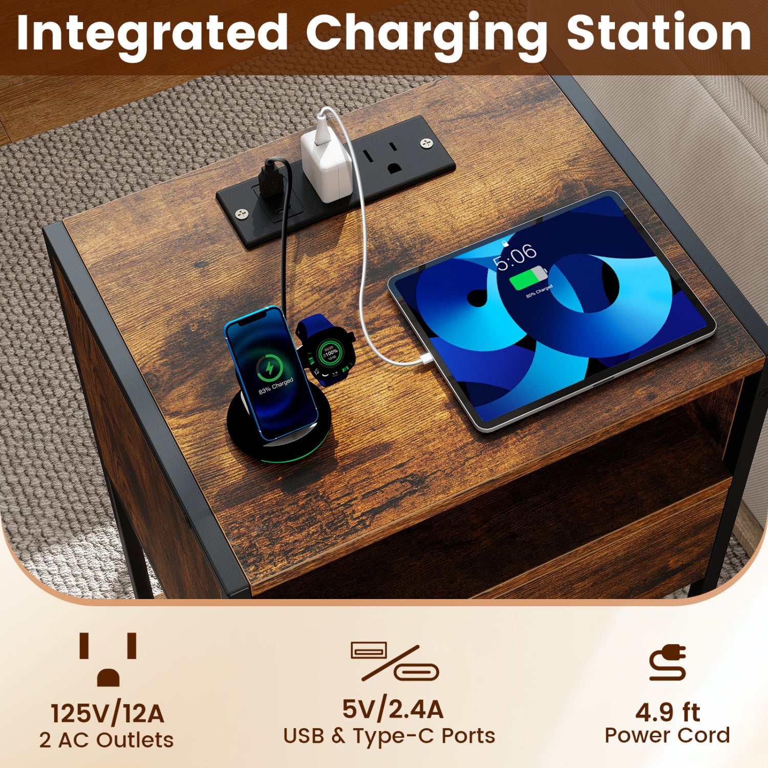 Nightstand With Charging Station, USB Ports And Outlets, Brown Nightstands at Gallery Canada