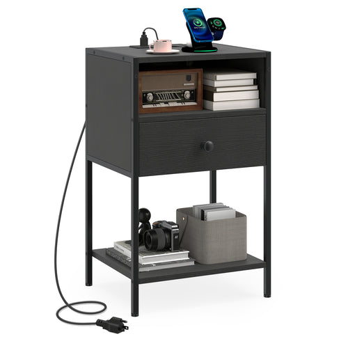 Nightstand With Charging Station, USB Ports And Outlets, Black