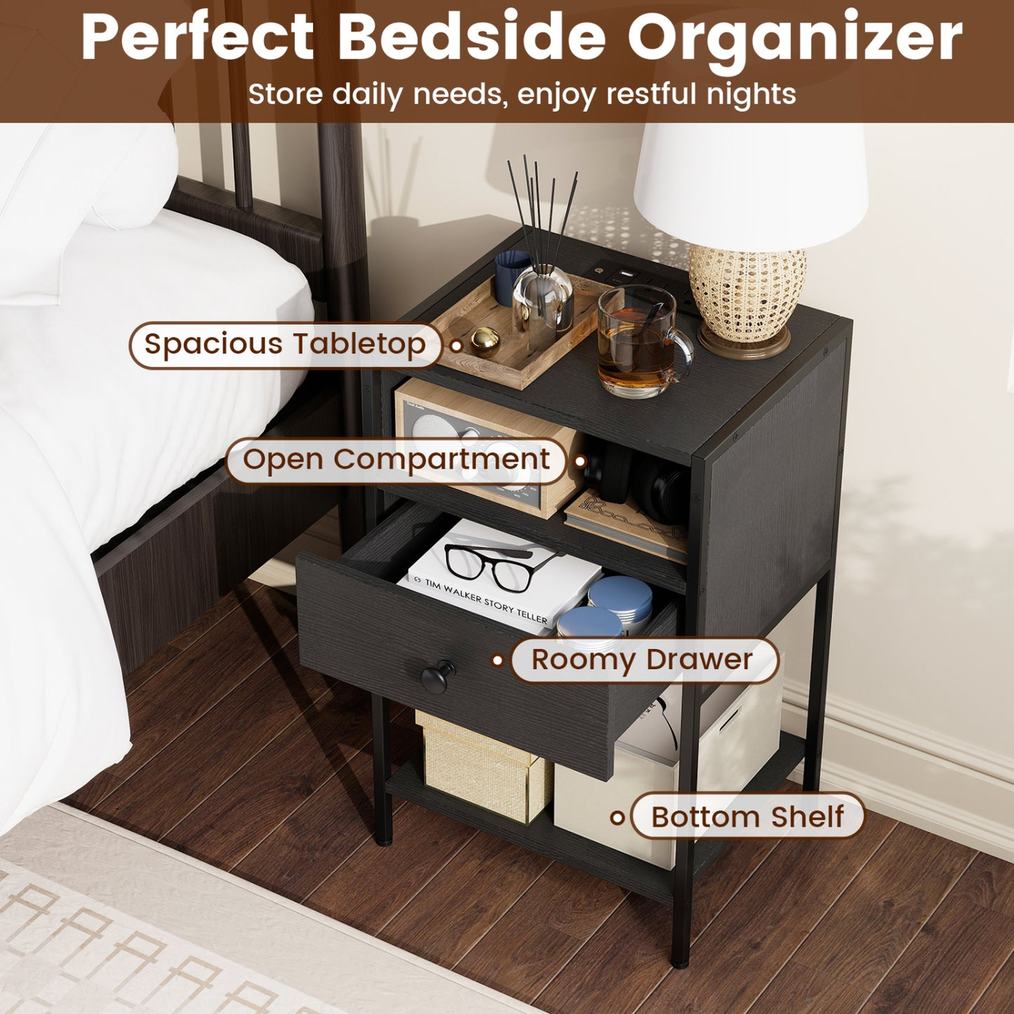 Nightstand With Charging Station, USB Ports And Outlets, Black Nightstands at Gallery Canada