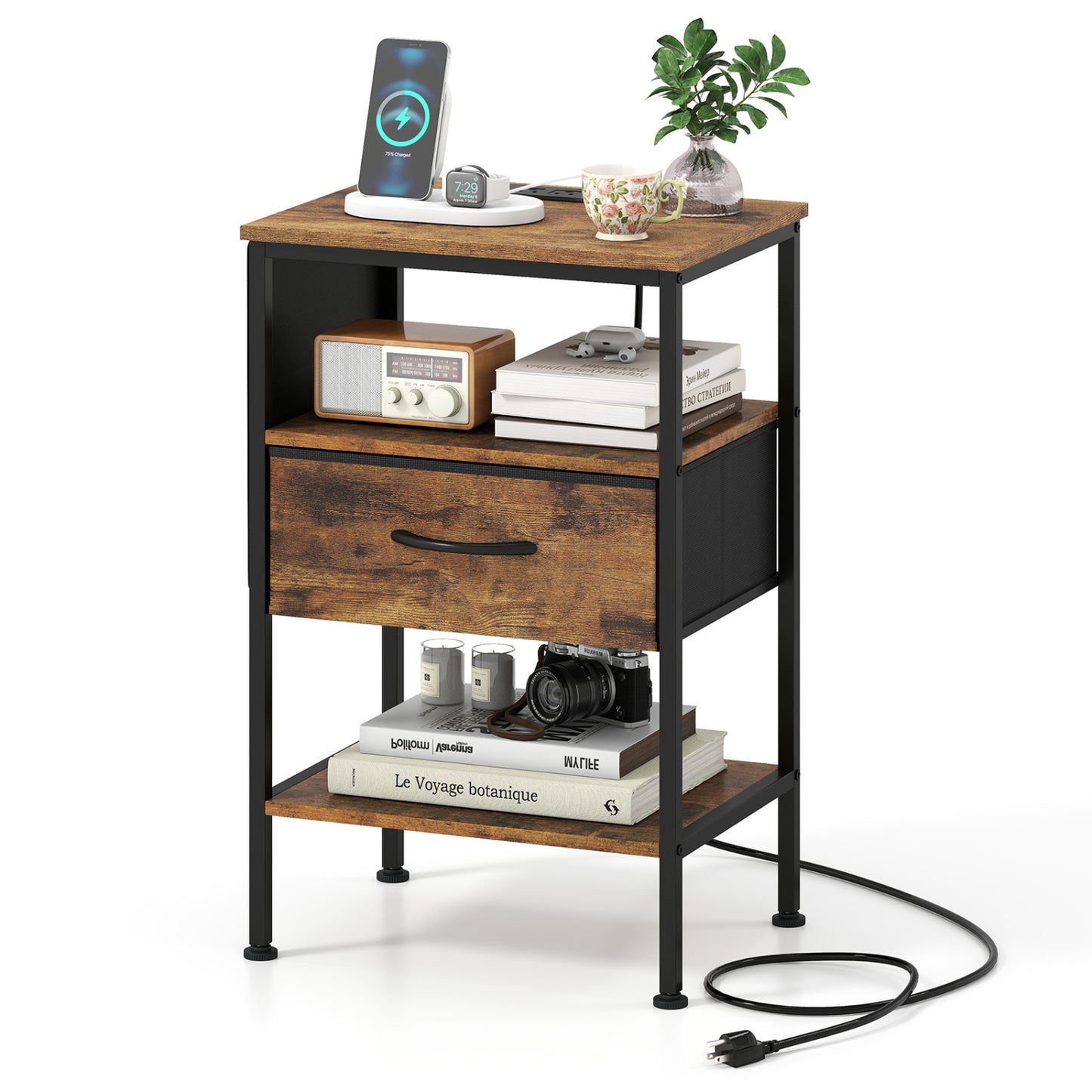 Nightstand With Charging Station, 24.5 Inch, Fabric Drawer, Rustic Brown Nightstands Rustic Brown at Gallery Canada