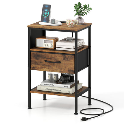 Nightstand With Charging Station, 24.5 Inch, Fabric Drawer, Rustic Brown Nightstands Rustic Brown at Gallery Canada