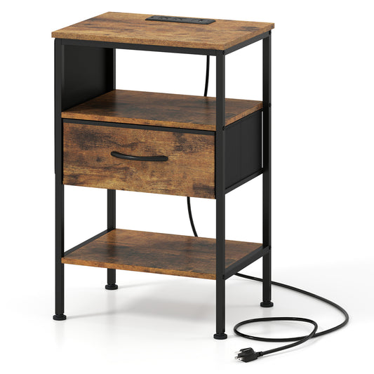 Nightstand With Charging Station, 24.5 Inch, Fabric Drawer, Rustic Brown Nightstands Rustic Brown at Gallery Canada
