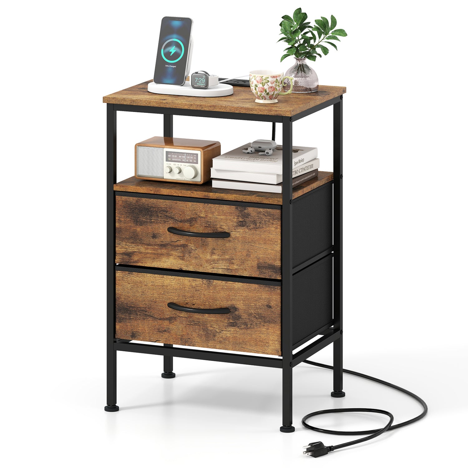 Nightstand With Charging Station, 24.5 Inch, Rustic Brown Nightstands Rustic Brown at Gallery Canada