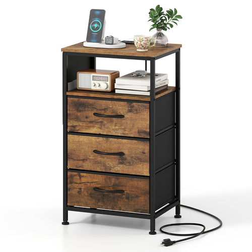 Modern Nightstand with Charging Station, 3 Drawers, Rustic Brown