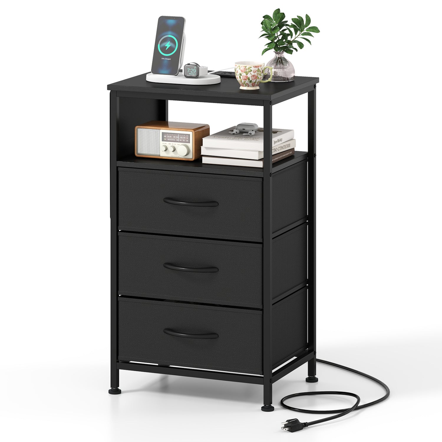 Nightstand With Charging Station, 27.5 Inch, Black Nightstands Black at Gallery Canada