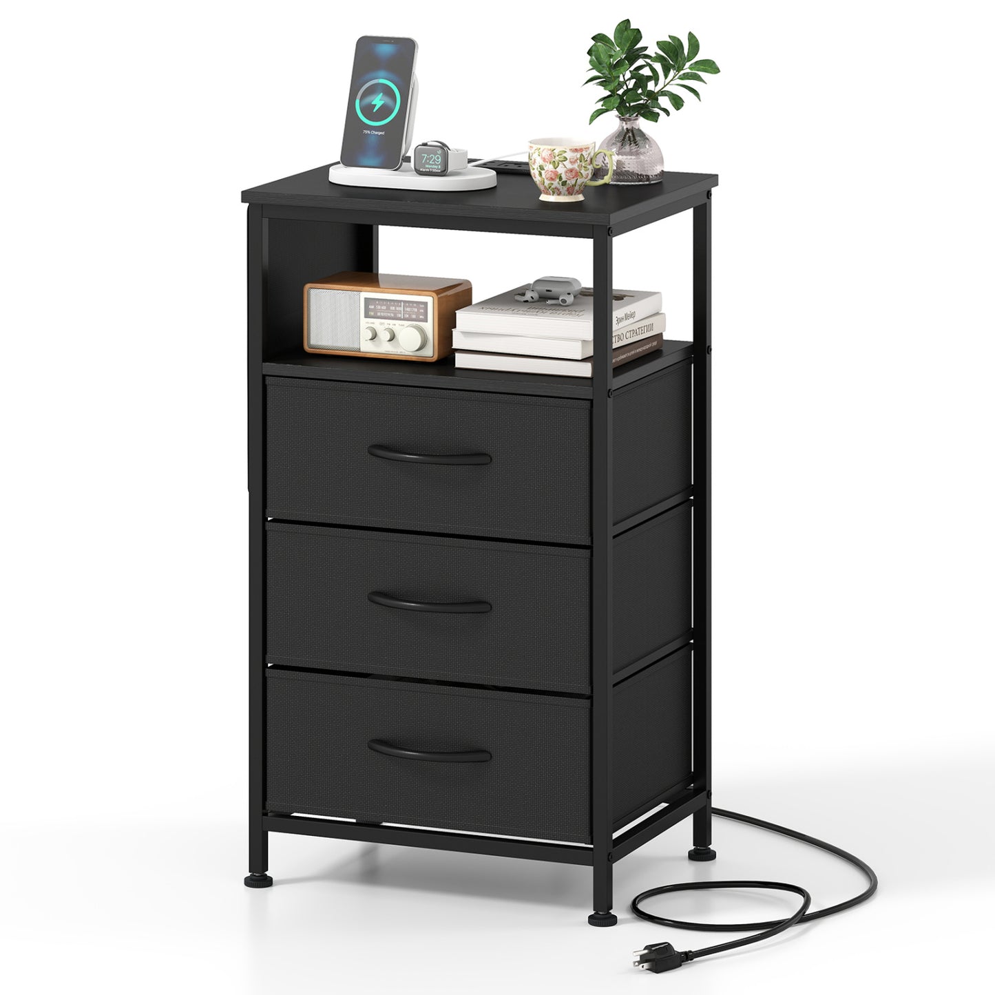 Nightstand With Charging Station, 27.5 Inch, Black Nightstands Black at Gallery Canada