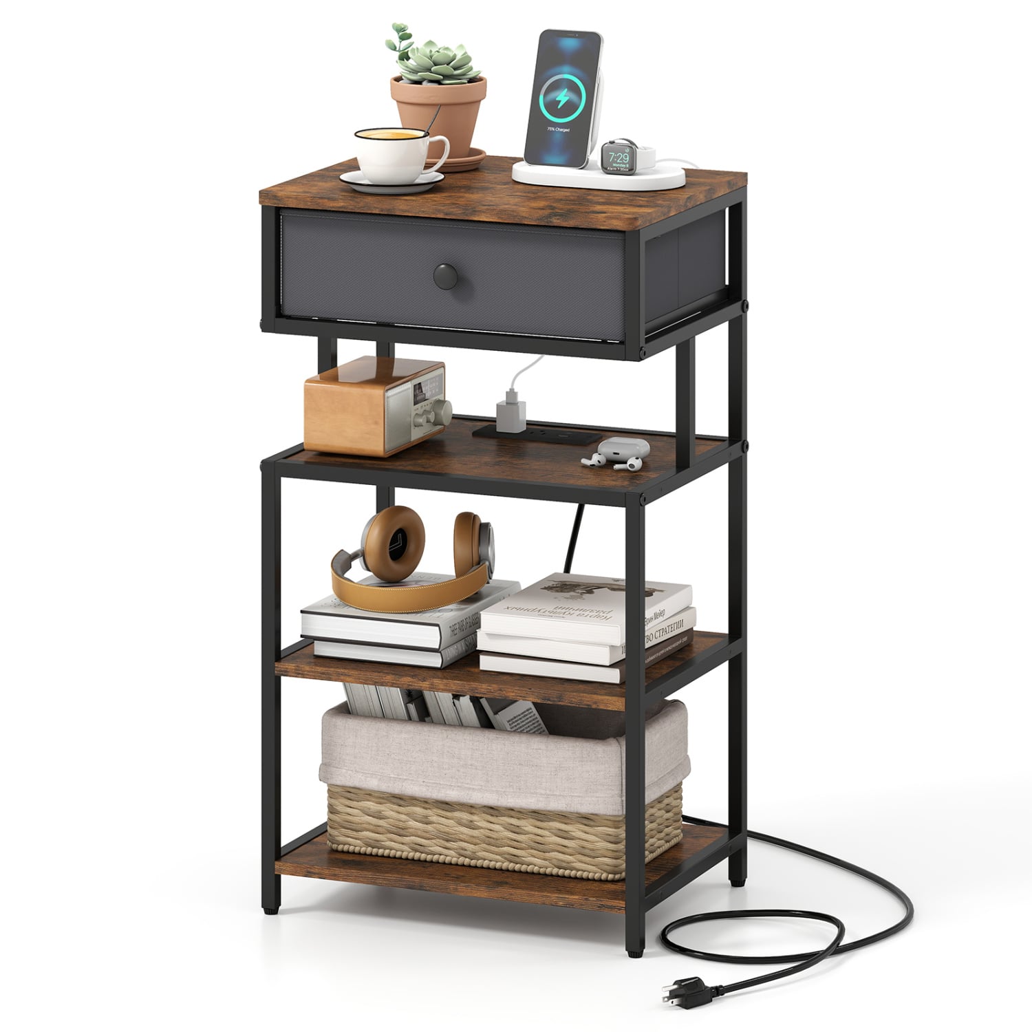 Nightstand With Charging Station, 28 Inch Tall, Rustic Brown Nightstands Rustic Brown at Gallery Canada