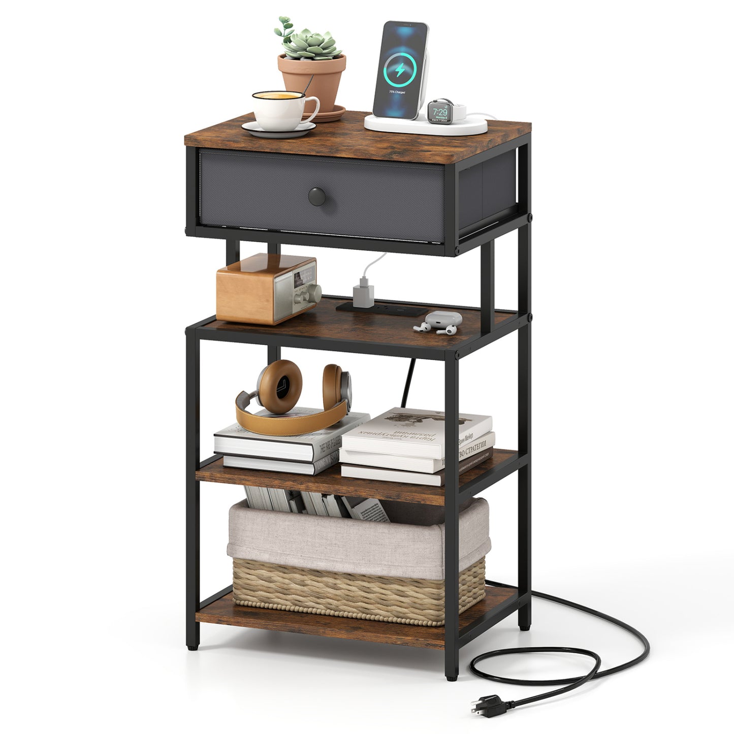 Nightstand With Charging Station, 28 Inch Tall, Rustic Brown Nightstands at Gallery Canada