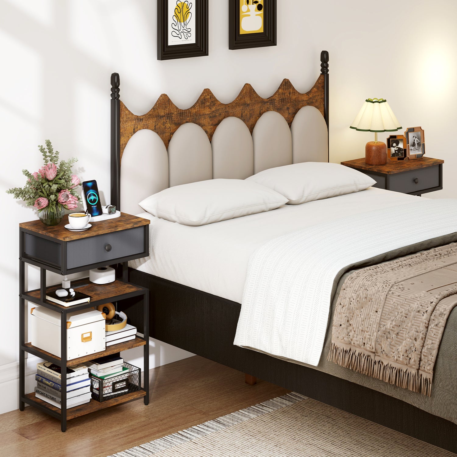 Nightstand With Charging Station, 28 Inch Tall, Rustic Brown Nightstands at Gallery Canada
