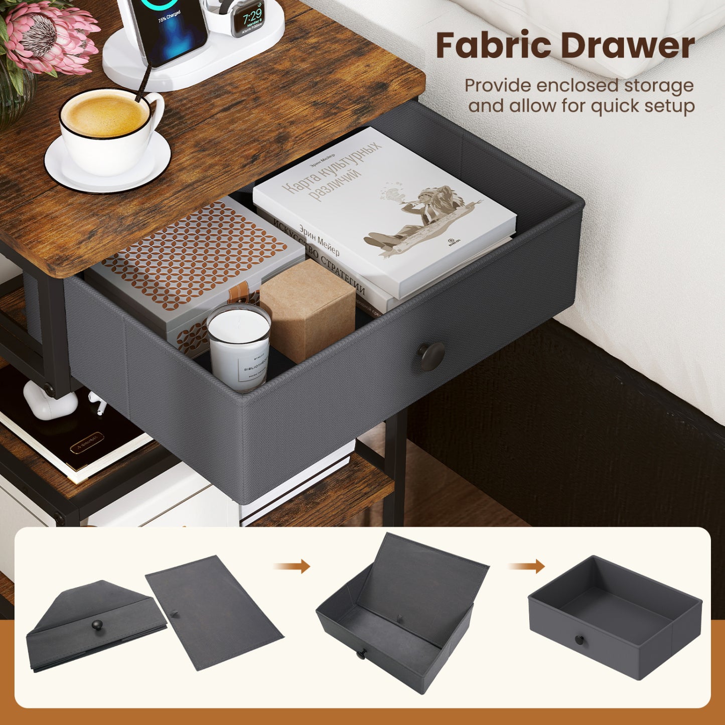 Nightstand With Charging Station, 28 Inch Tall, Rustic Brown Nightstands at Gallery Canada