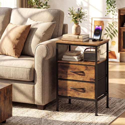 Nightstand With Charging Station, 24.5 Inch, Rustic Brown