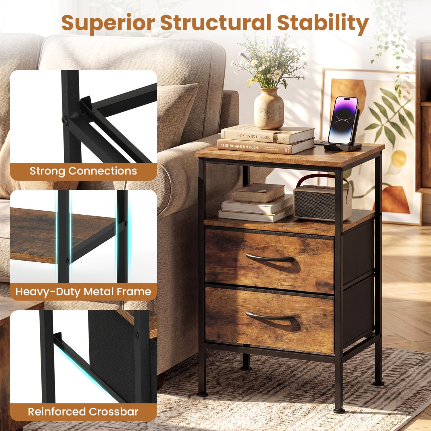 Nightstand With Charging Station, 24.5 Inch, Rustic Brown Nightstands at Gallery Canada