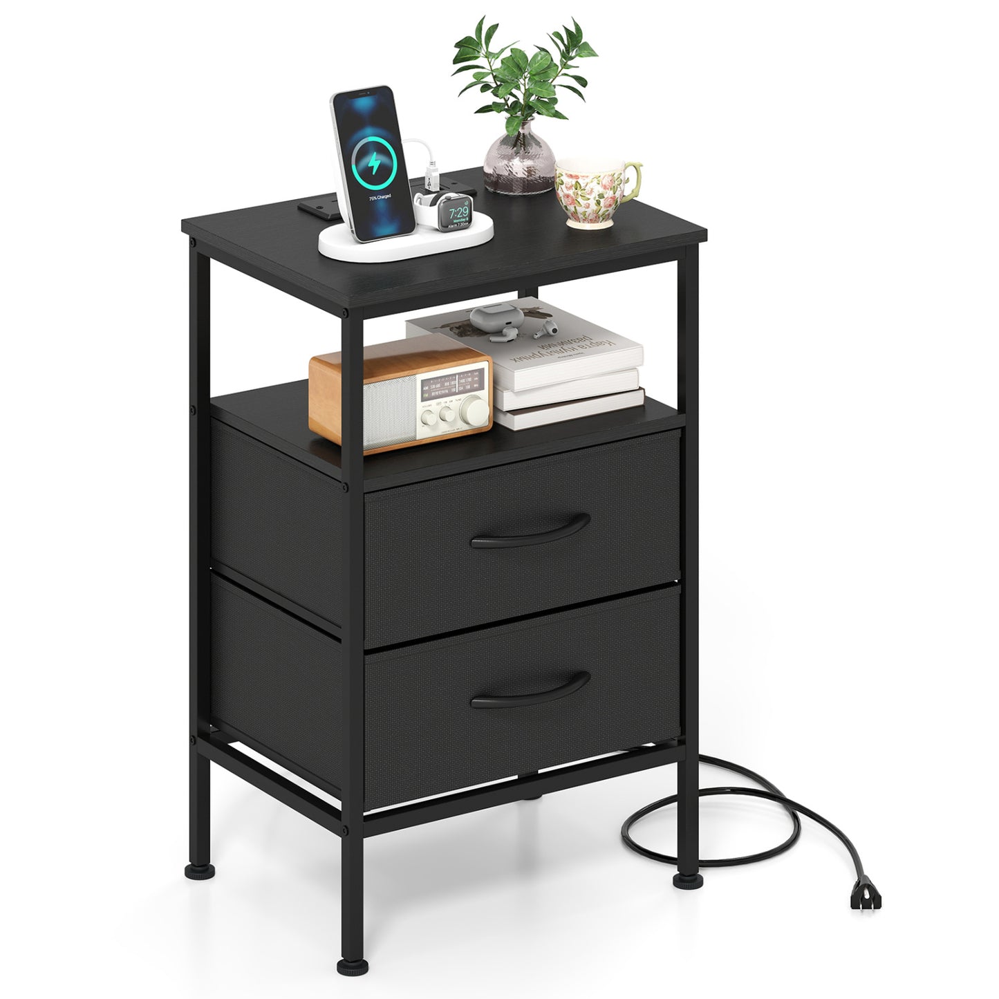 Nightstand With Charging Station, 24.5" Modern Bedside Table Nightstands Black at Gallery Canada