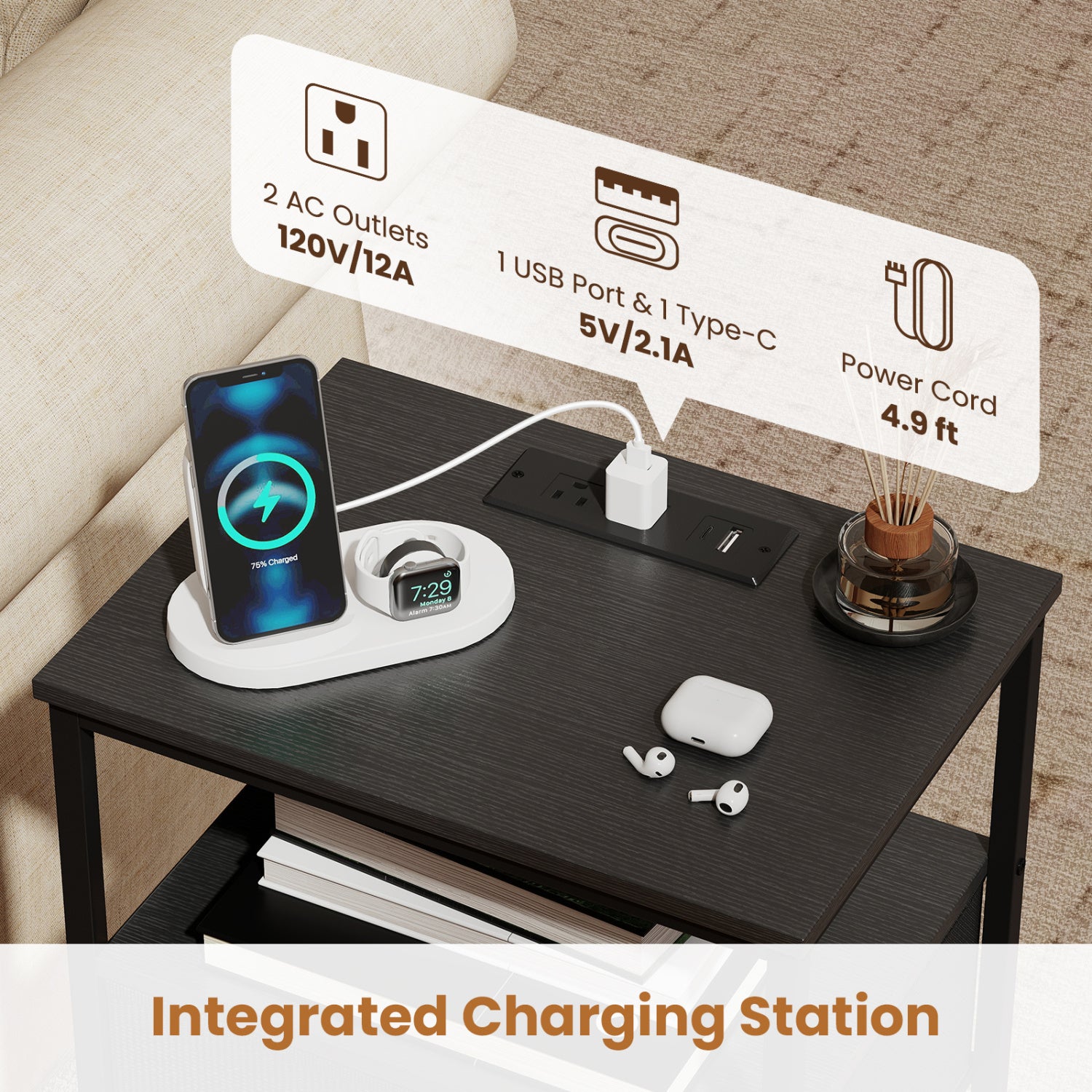 Nightstand With Charging Station, 24.5