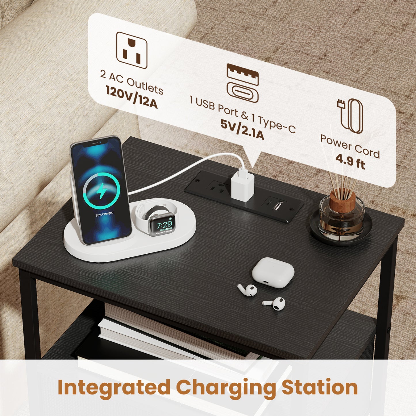 Nightstand With Charging Station, 24.5" Modern Bedside Table Nightstands at Gallery Canada