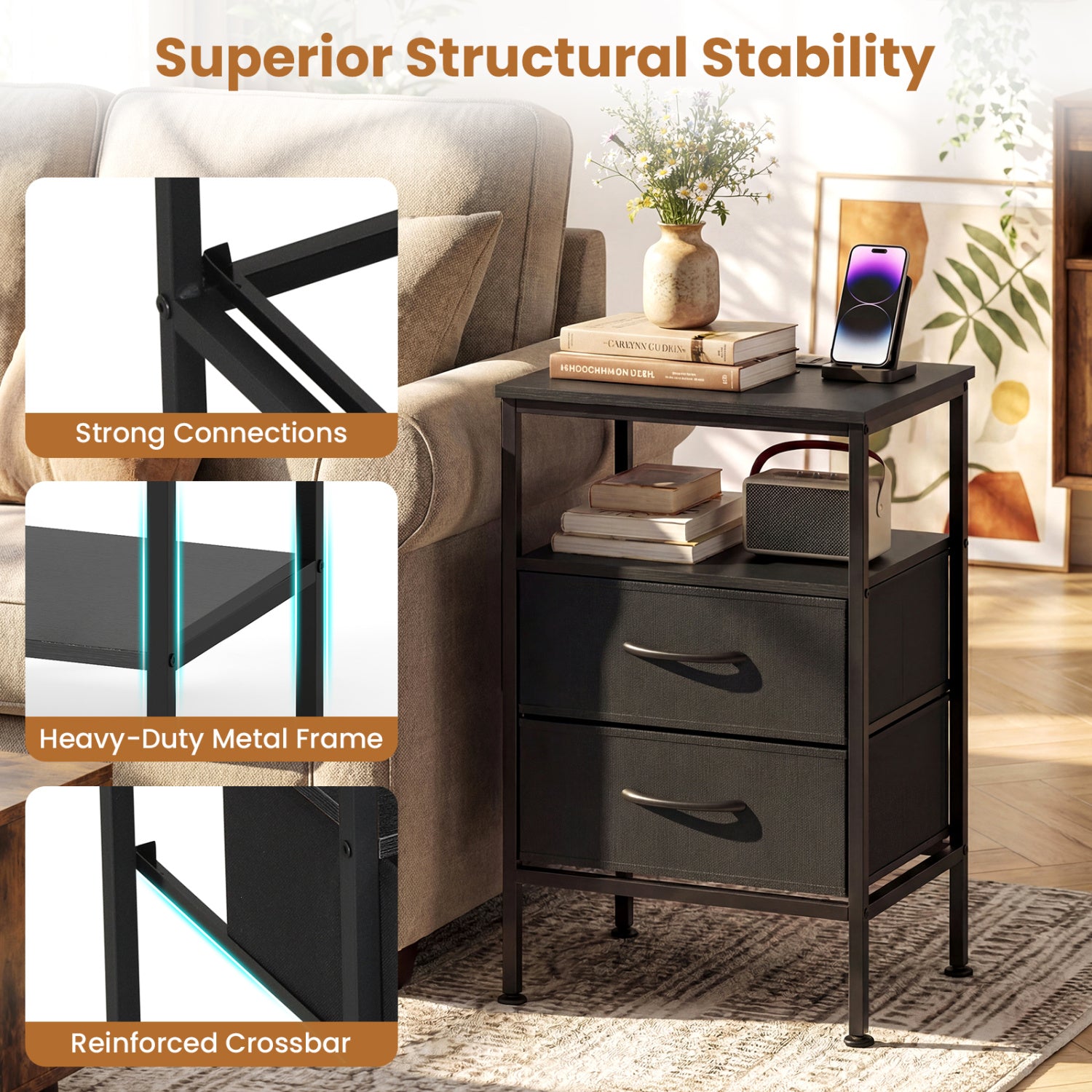 Nightstand With Charging Station, 24.5