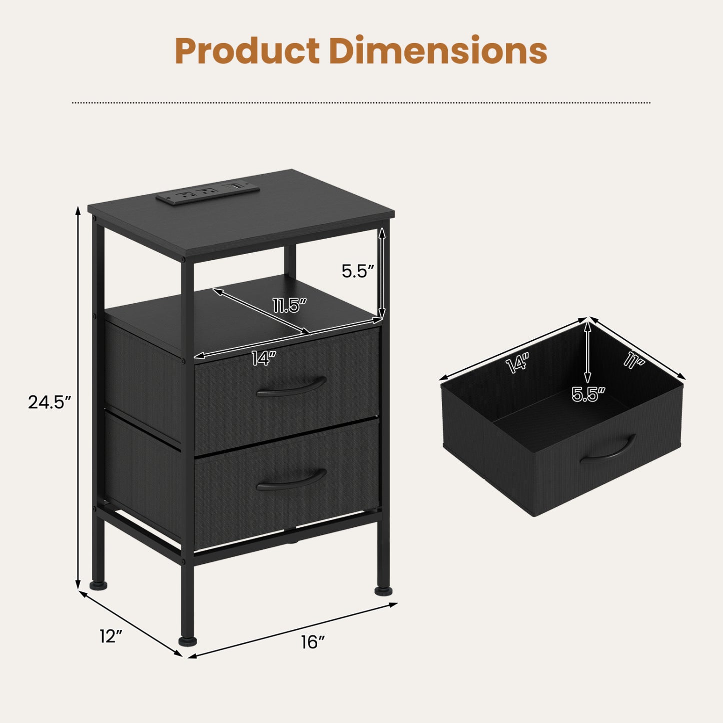 Nightstand With Charging Station, 24.5" Modern Bedside Table Nightstands at Gallery Canada