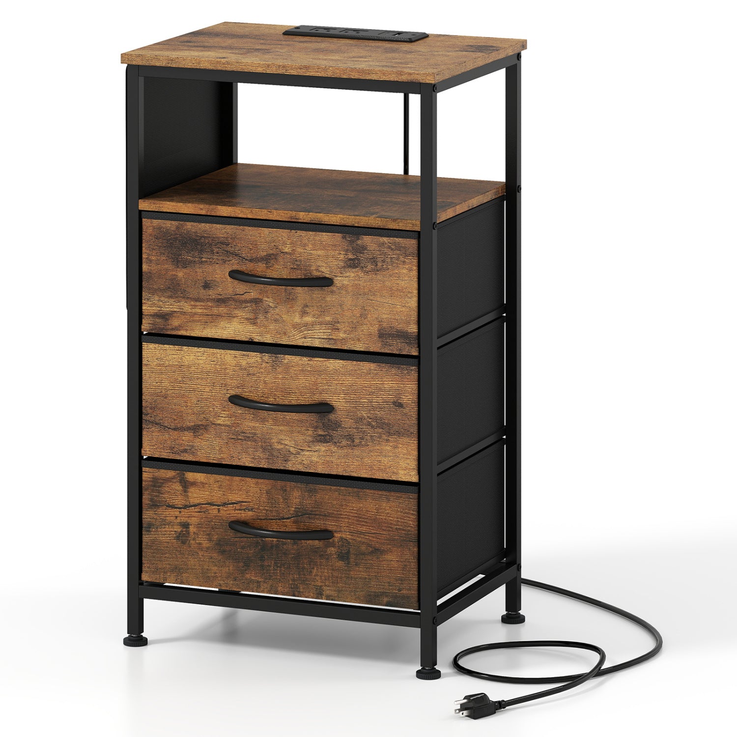 Modern Nightstand with Charging Station, 3 Drawers, Rustic Brown Nightstands at Gallery Canada