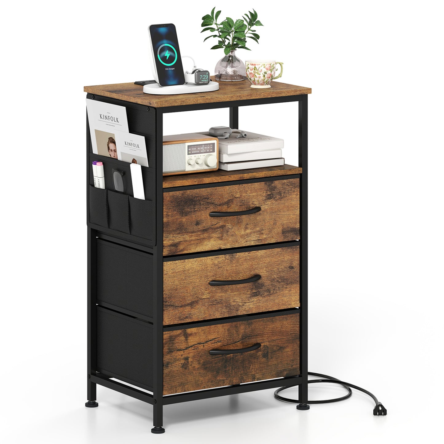 Modern Nightstand with Charging Station, 3 Drawers, Rustic Brown Nightstands at Gallery Canada