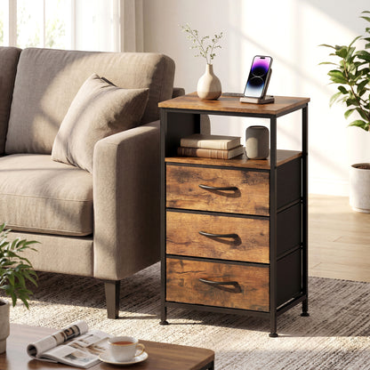 Modern Nightstand with Charging Station, 3 Drawers, Rustic Brown Nightstands at Gallery Canada