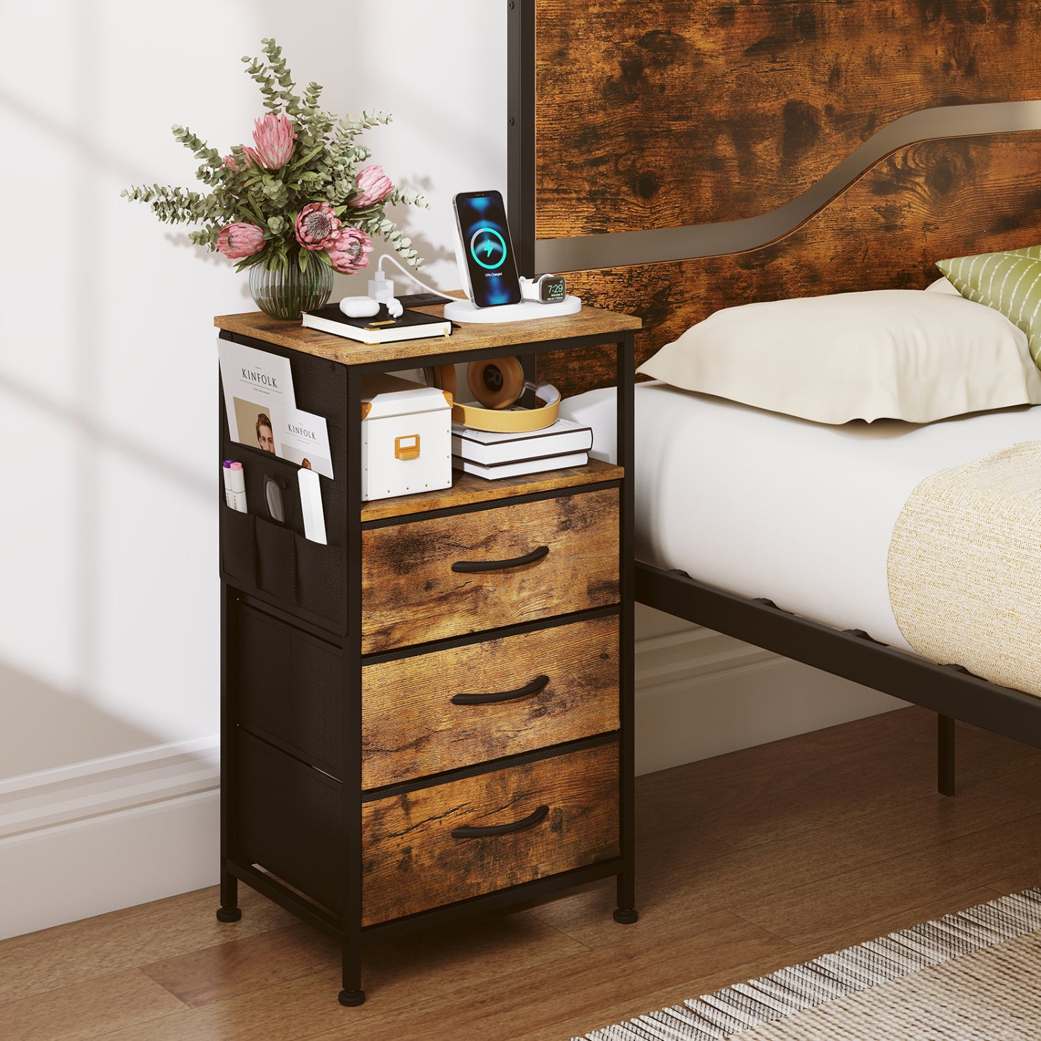 Modern Nightstand with Charging Station, 3 Drawers, Rustic Brown Nightstands at Gallery Canada