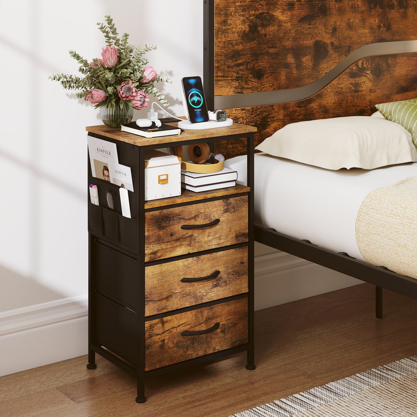 Modern Nightstand with Charging Station, 3 Drawers, Rustic Brown Nightstands at Gallery Canada