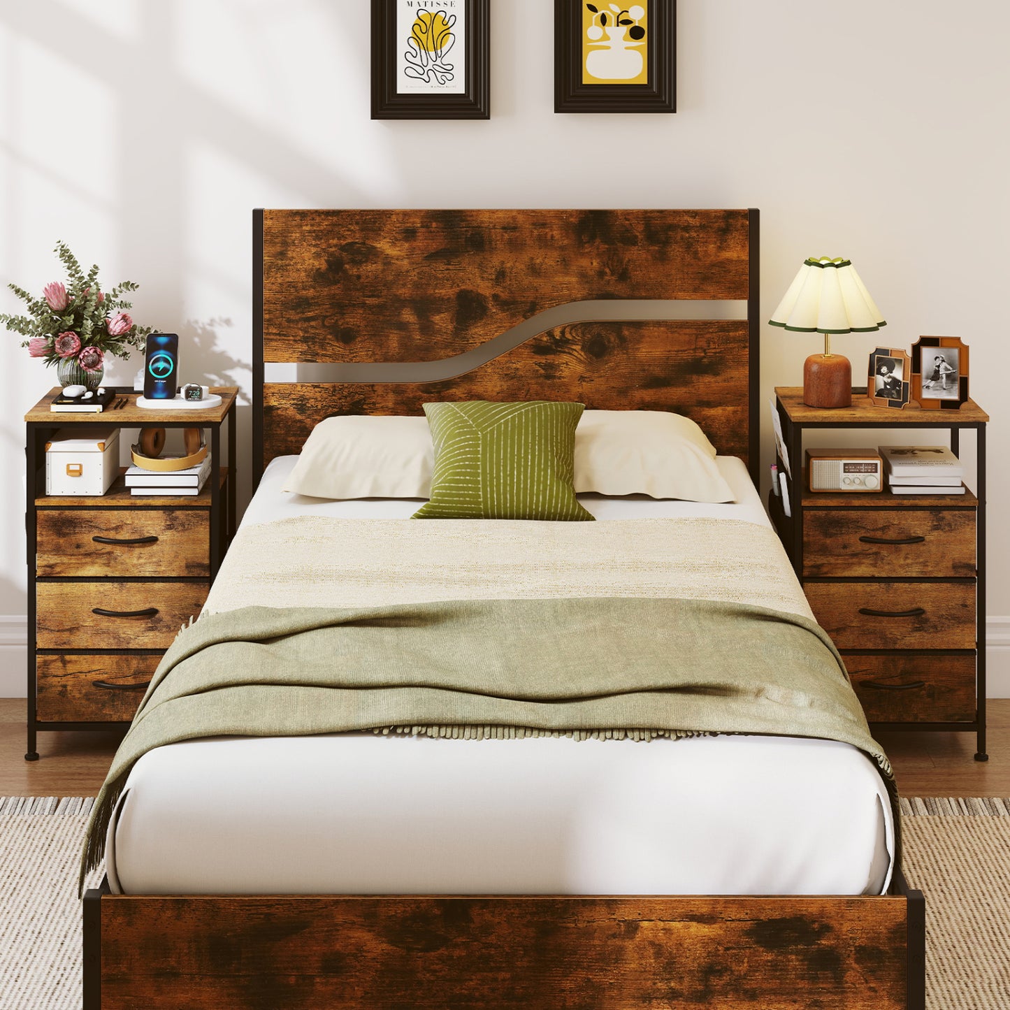 Modern Nightstand with Charging Station, 3 Drawers, Rustic Brown Nightstands at Gallery Canada