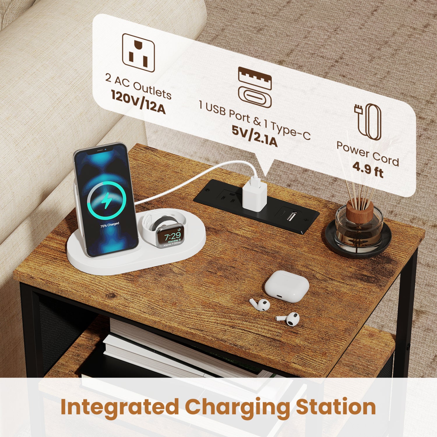 Modern Nightstand with Charging Station, 3 Drawers, Rustic Brown Nightstands at Gallery Canada