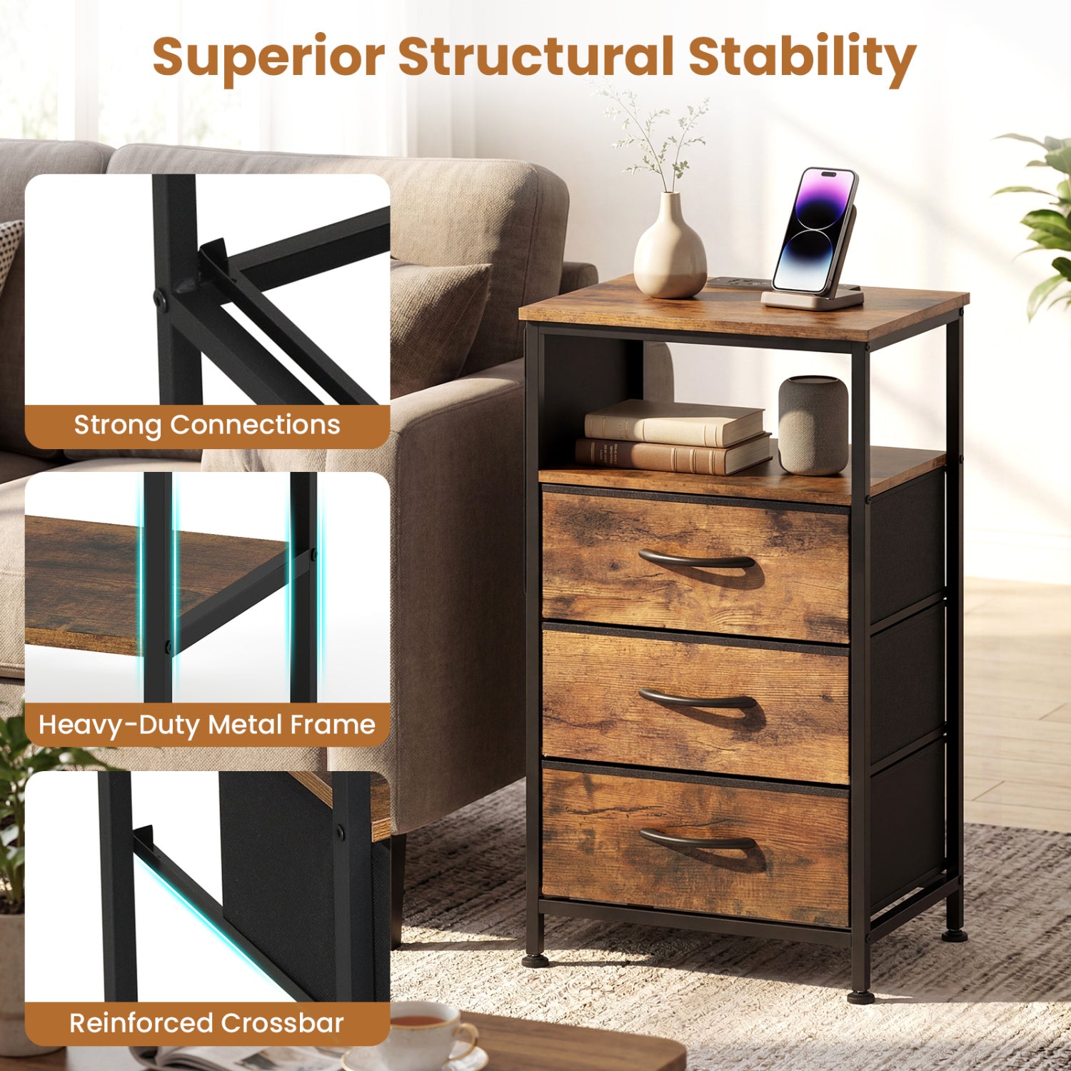 Modern Nightstand with Charging Station, 3 Drawers, Rustic Brown Nightstands at Gallery Canada