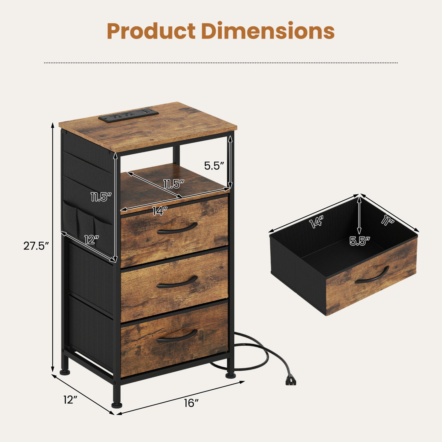 Modern Nightstand with Charging Station, 3 Drawers, Rustic Brown Nightstands at Gallery Canada