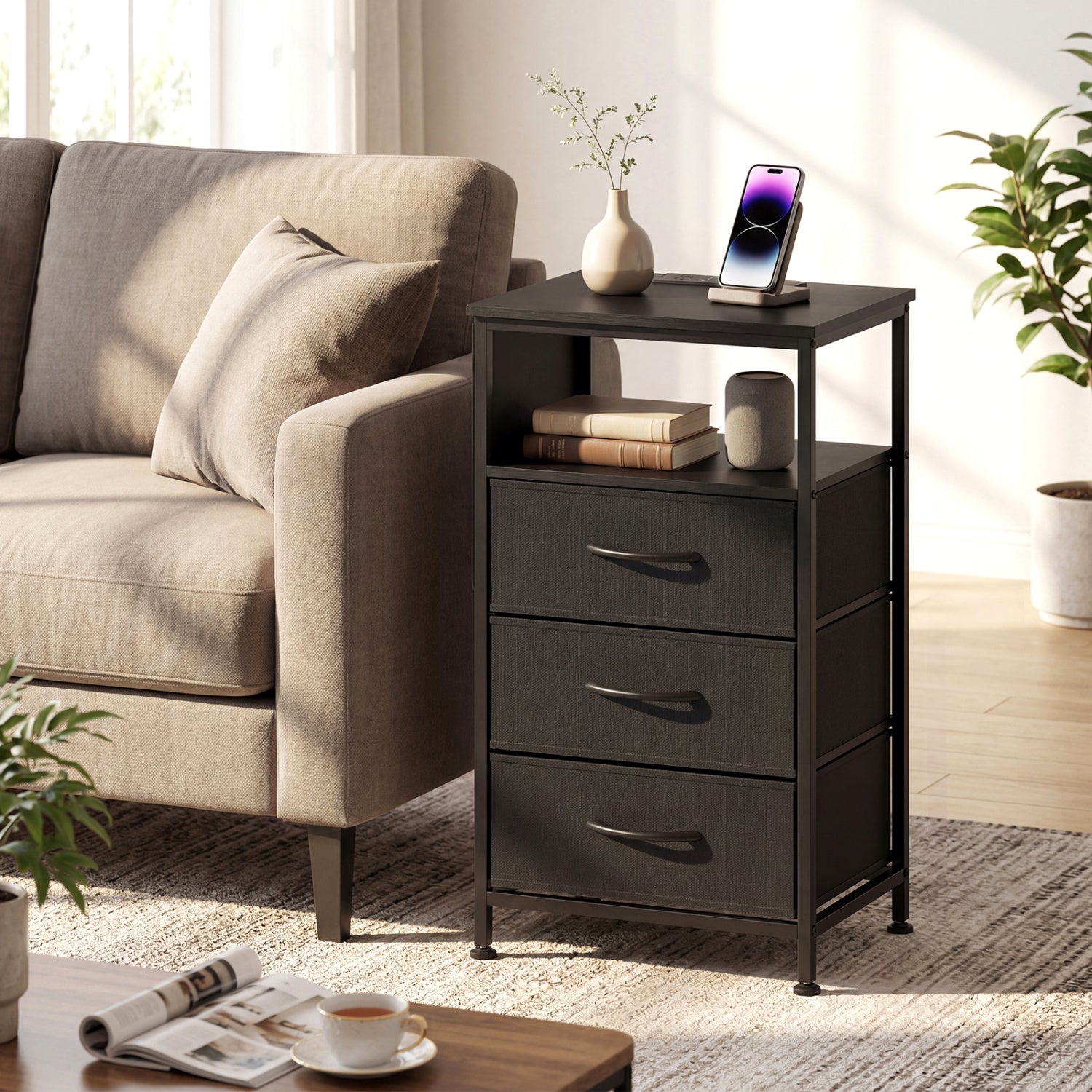 Nightstand With Charging Station, 27.5 Inch, Black Nightstands at Gallery Canada