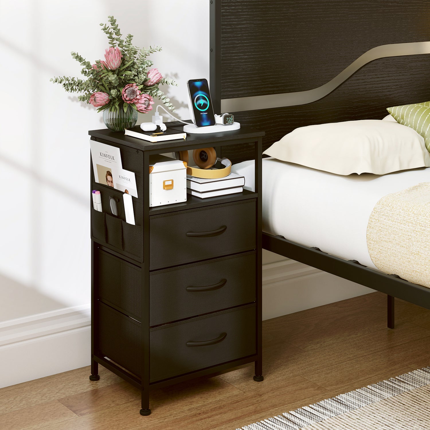 Nightstand With Charging Station, 27.5 Inch, Black Nightstands at Gallery Canada
