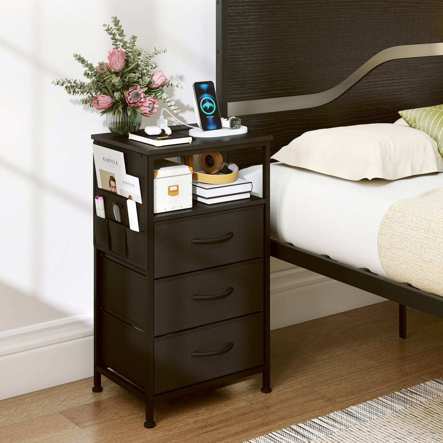 Nightstand With Charging Station, 27.5 Inch, Black Nightstands at Gallery Canada