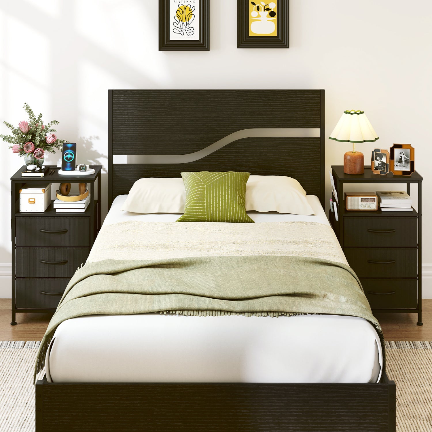 Nightstand With Charging Station, 27.5 Inch, Black Nightstands at Gallery Canada