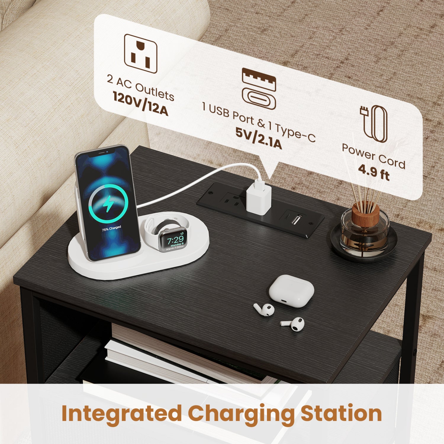 Nightstand With Charging Station, 27.5 Inch, Black Nightstands at Gallery Canada