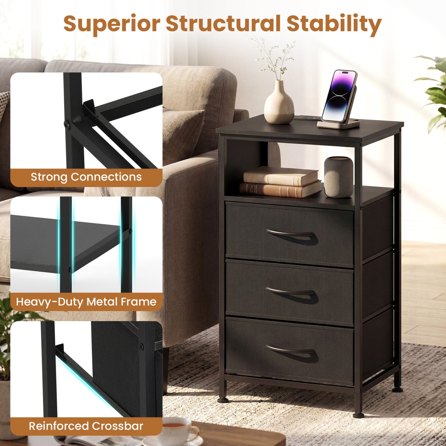 Nightstand With Charging Station, 27.5 Inch, Black Nightstands at Gallery Canada