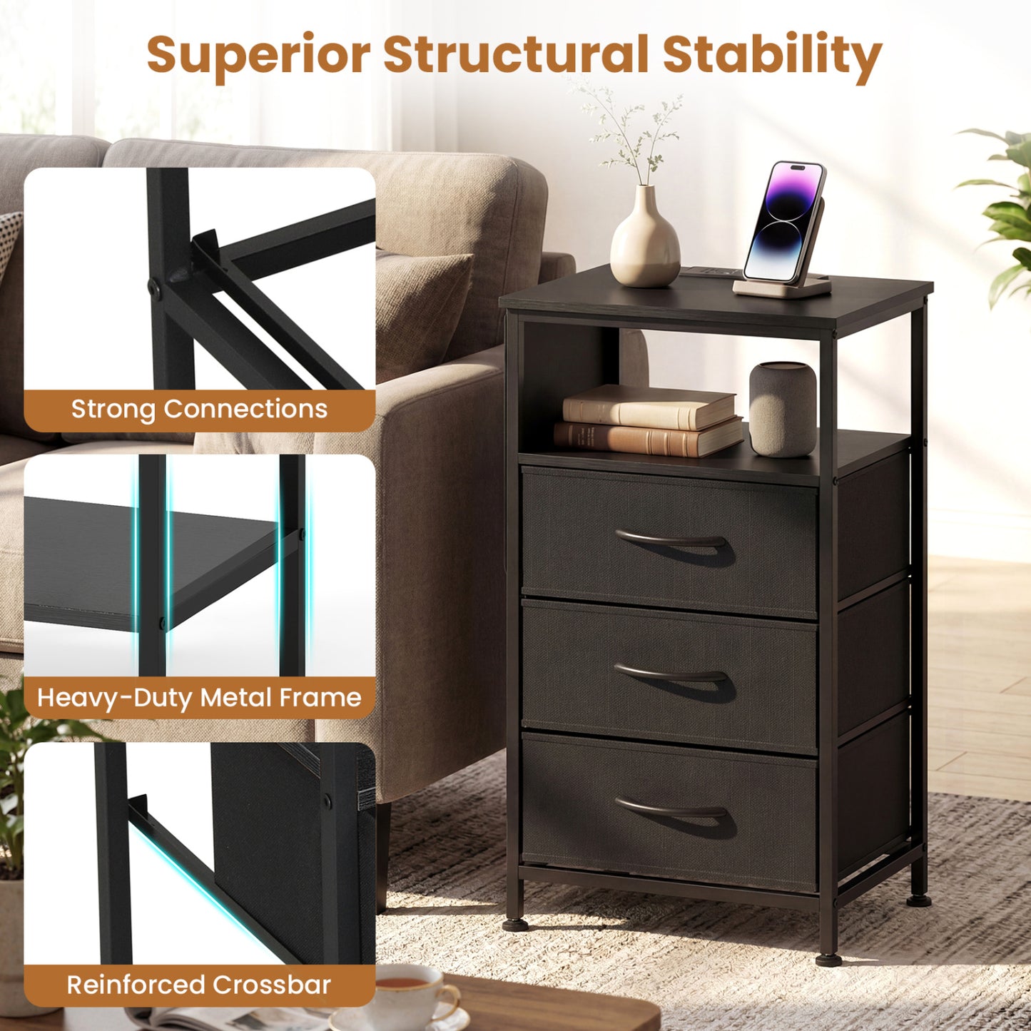 Nightstand With Charging Station, 27.5 Inch, Black Nightstands at Gallery Canada