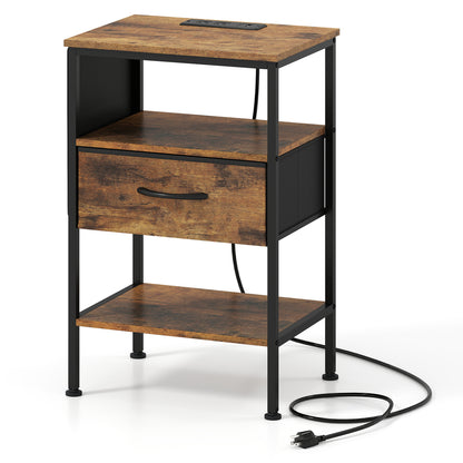 Nightstand With Charging Station, 24.5 Inch, Fabric Drawer, Rustic Brown Nightstands at Gallery Canada